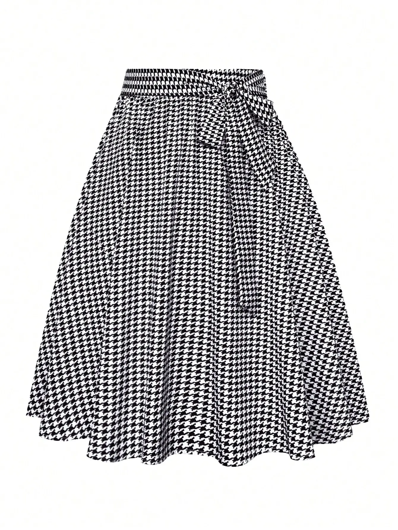 Plus Size Tie Waist Houndstooth Pattern Flared Skirt