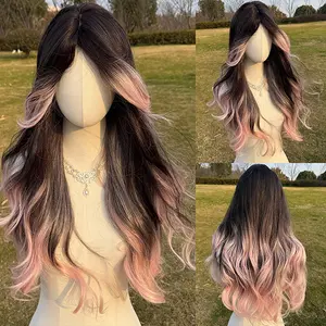 SMILCO/26Inch Ombre Black ash Pink Long Wavy with Bangs Synthetic Wig/SM413