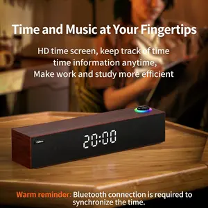 Claison wooden soundbar, Bluetooth 5.3 speaker, digital clock display, 52mm dual full-range speakers, RGB ambient light, knob volume control, wired/wireless connection, desktop multimedia audio, pure sound quality, time sync function