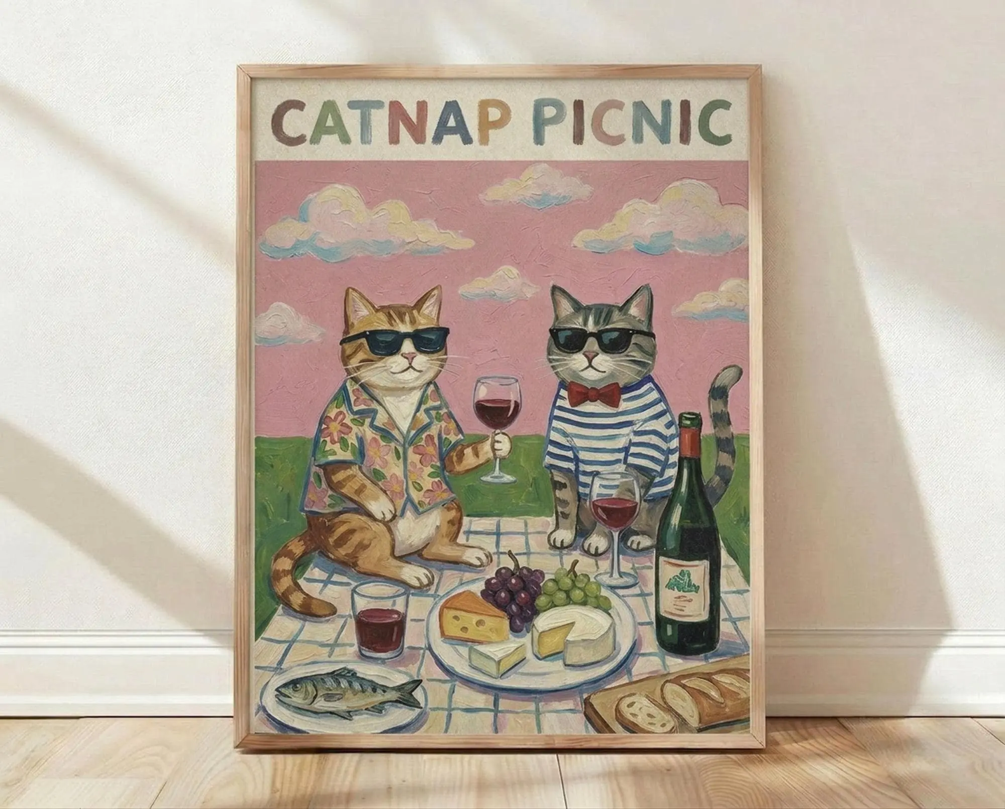[SALE UP TO 40%] [Unframed] Catnap Picnic Sunglasses Cats, Whimsical Wine Art Print, Retro Home Decor, Wall Poster, Funny