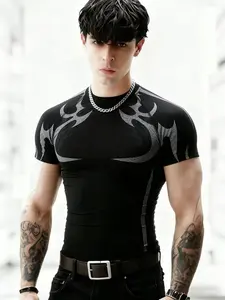 Men's New Summer Irregular Stripe Mesh Print Compression Short Sleeve Sports Quick-Dry Base Layer Innerwear Tee for Gym Fitness