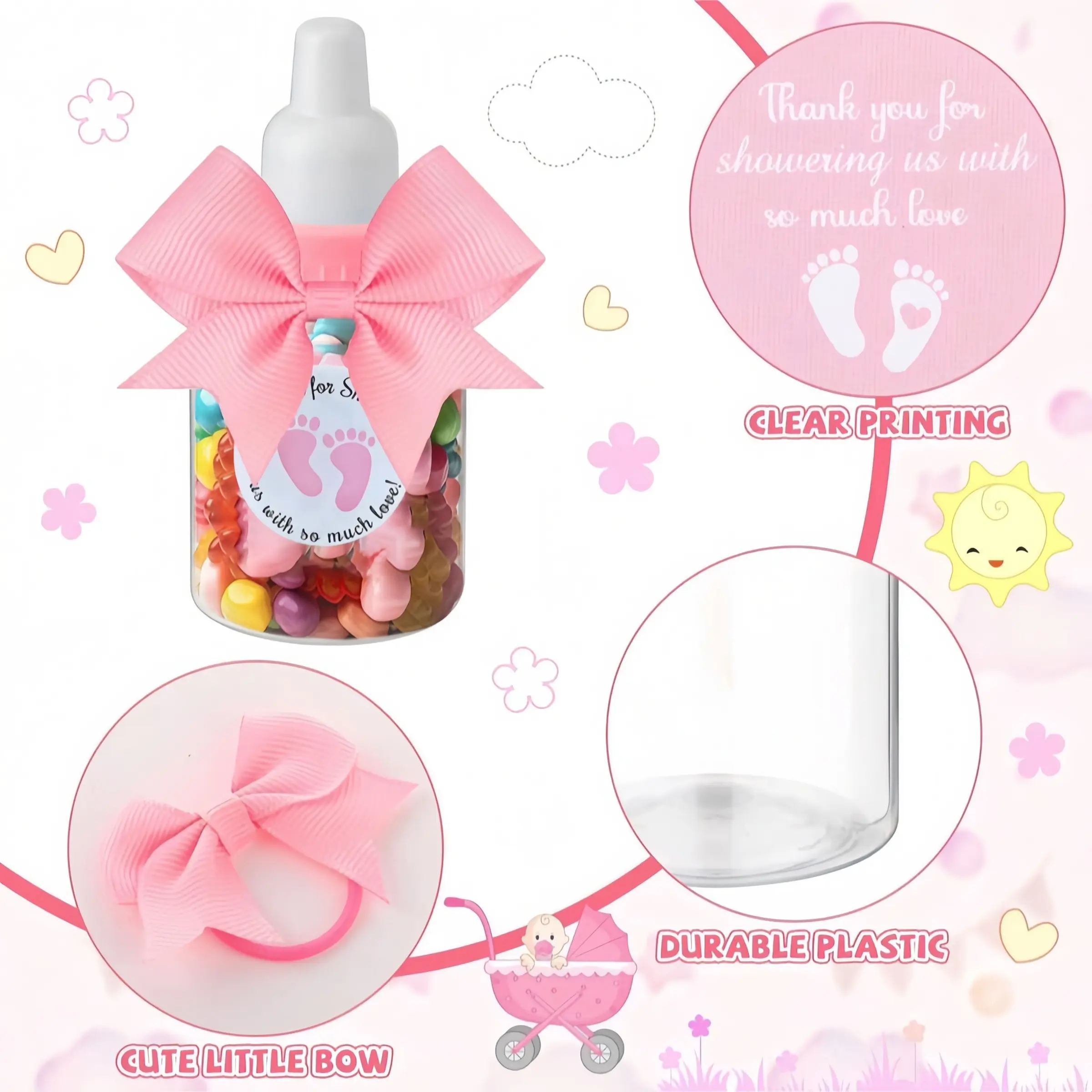 Mini Baby Bottle Set, 1/6/12 Pieces, 3.5 Inch Plastic Bottles, Ideal for Baby Shower, Thank You Stickers & Bow Included, Party Favors Assortment, Party Supplies