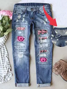 Women's Valentine's Day Heart Distressed Mid-Waist Boyfriend Fit Washed Loose Denim Jeans Elastic Waistband Breathable Comfort Fabric All Seasons Wear