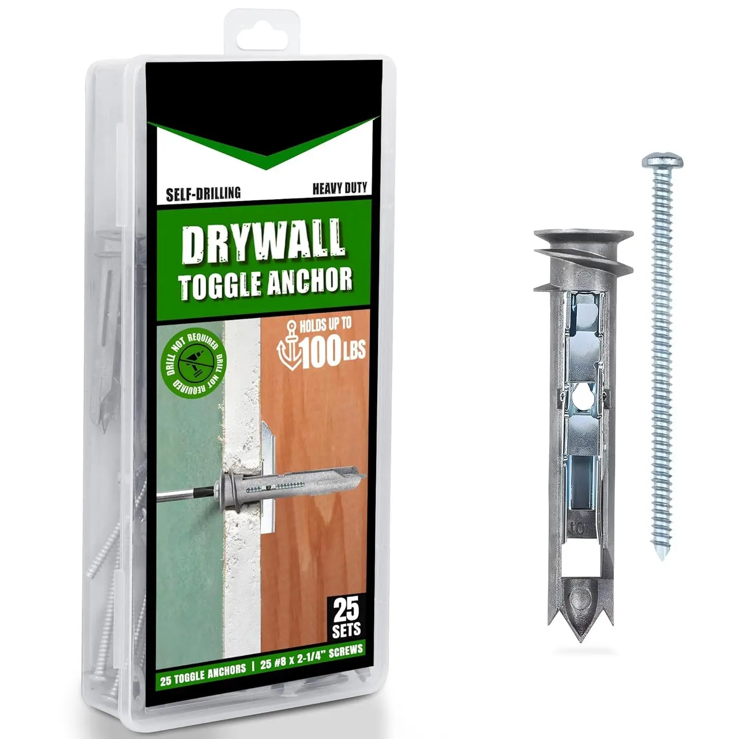 Heavy Duty Drywall Anchors - Self-Drilling Drywall Anchor Toggle Kit, Heavy Duty Wall Anchor with Zinc Phillip Screws #8 x 2-1/4 - Holds Up to 100 Lb. (25 Pack)