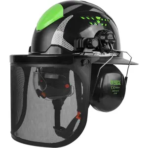 Full Brim Forestry Chainsaw Helmet with Face Shield Built-in Visor and Ear Muffs, 4-in-1 Safety Hard Hat with 6-Point Suspension Ratchet Adjustable Headgear for Logging Arborist Tree Cutting Outdoor Work