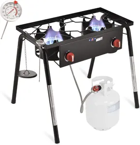 58,000BTU 2-Burners Outdoor Propane Stove with Easy-assemble Threaded Legs, Double Propane Burner Cast Iron Burner Ideal for Camping Burner and Outdoor Cooking