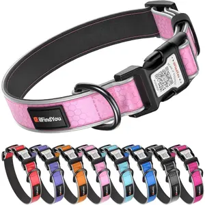 Reflective Personalized Dog Collar with QR Code Tag, Safety Night Visibility, Anti-Loss Function (Pink-02, Large)