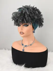 Curly Wig with Glitter Headwrap, Synthetic Hair, Synthetic Machine Wigs, Easy Wear Turban Style, All Seasons, Coily Hair, No Ca Prop