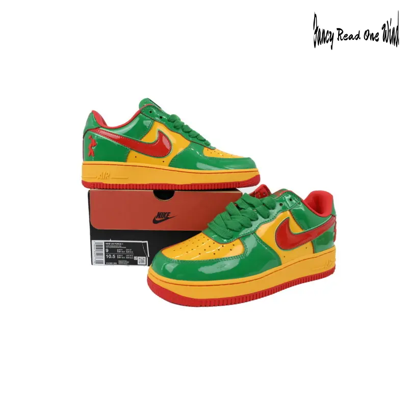 Holiday outdoor party low top tri-color block court sneakers, glossy perforated patent leather with green yellow red panels, yellow foam midsole, red tread rubber outsole for unisex hip hop skate and campus daily athleisure wear