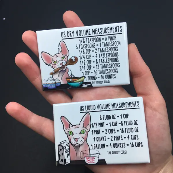 Sphynx Cat Kitchen Measuring Chart Magnet Set, Kitty Baking and Cooking Conversion Table Magnets, Set of 2 (2x3") Handmade Magnets Decor Metal