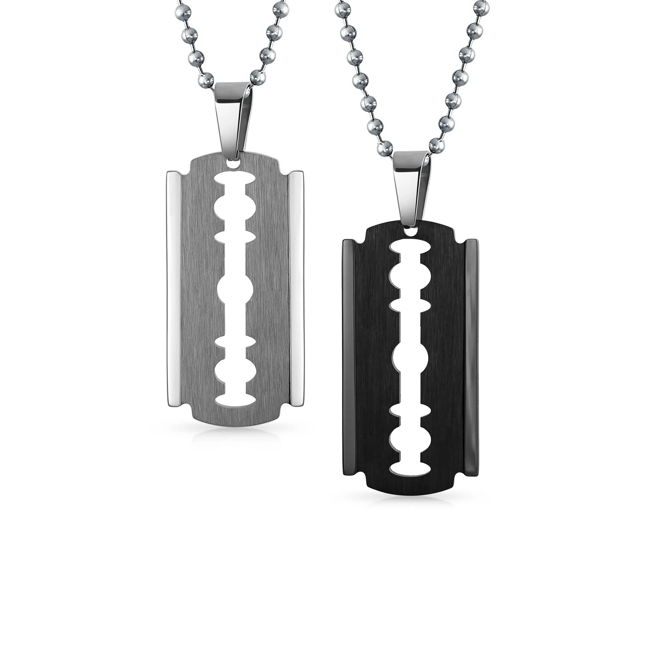 Set of 2 Hip Hop Biker Jewelry Razor Blade Pendant Necklace Black Silver Plated
