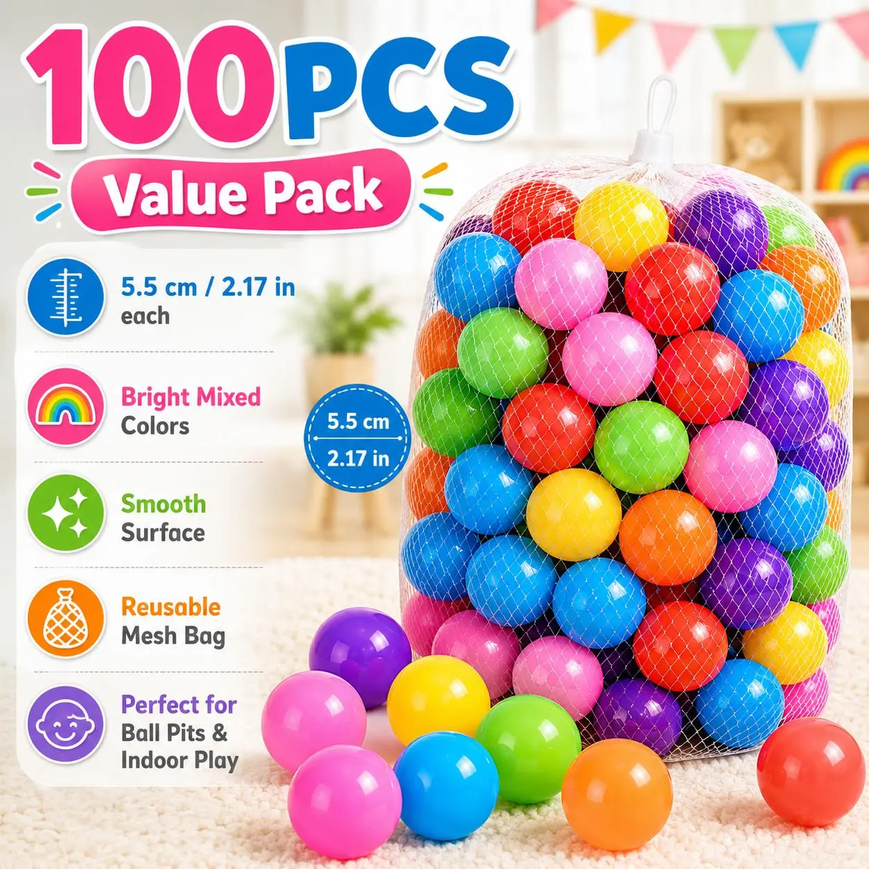 100 Pcs Ball Pit Balls, 2.16 In/5.5 cm Eco-Friendly Thickened Plastic Play Balls, Bouncy Balls, Multi-Colored Soft Lightweight Playpen Balls, Sensory Fun for Kids & Toddlers, Bounce House, Play Tent, Pool, Playhouse & Birthday Party Decorations