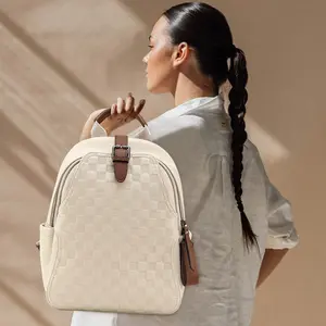 Small Backpack Purse For Women Cute PU Leather Backpack Plaid Laptop Backpack For Ladies Travel, School & Work White