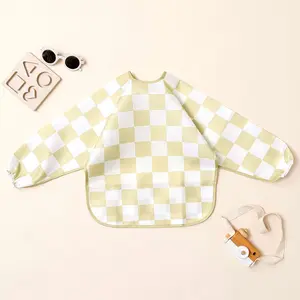 Waterproof Long Sleeve Baby Bib, Toddler Bibs, Checkerboard Pattern & Floral Print Toddler Feeding Bib with Food Catcher Pocket