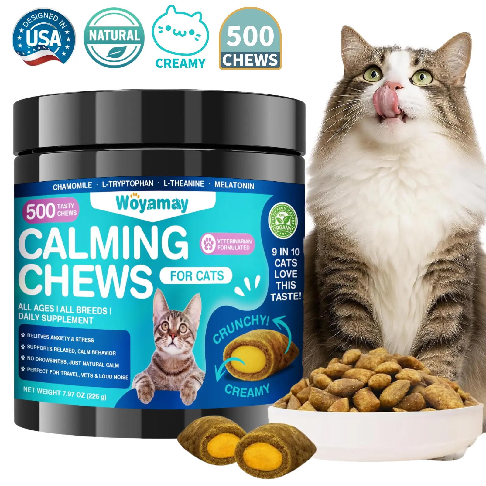 Woyamay Cat Calming Chews 500 Cts Crunchy & Creamy Cheese Calming Chew Stress Relief for Cat Sleeping Support #DealsForYouDays #SummerWins
