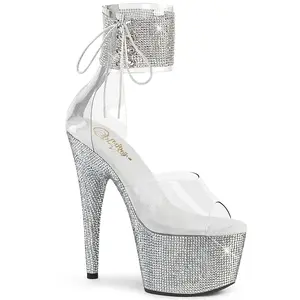 Women's 7-Inch High Heel Footwear, BEJEWELED-724RS Clear-Silver Rhinestone Fashion Heeled Platform Shoes