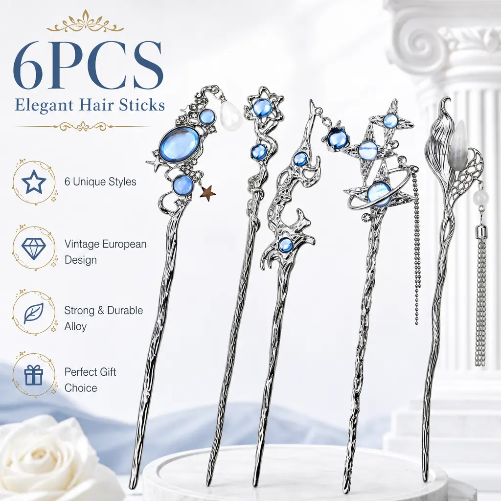 6 Piece Silver Hair Sticks with Star & Moon – Traditional Asian Hairpins for Women, Long Hair Bun Updo Holder – Metal Hair Chopsticks, Gift for Hanfu Lovers, Dancers, Collectors