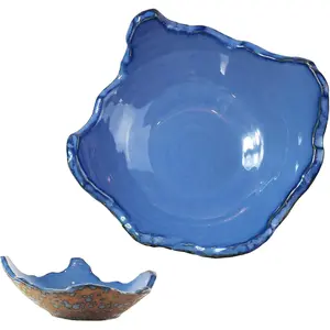 8" Small Ceramic Decorative Bowl,Irregular Rim Reactive  Key Bowls for Entryway Table,Blue Coffee Table Bowl Decor,Modern Fruit bowls for Tabletop or  Decor