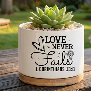 "Love Never Fails" 1 Corinthians 13:8 Religious Small Unique Design Ceramic Succulent Planter with Bamboo Tray - White Faith Mini Pot with Heart, Christian Decorative Vases for Shelf & Tabletop, Ceramic Vases