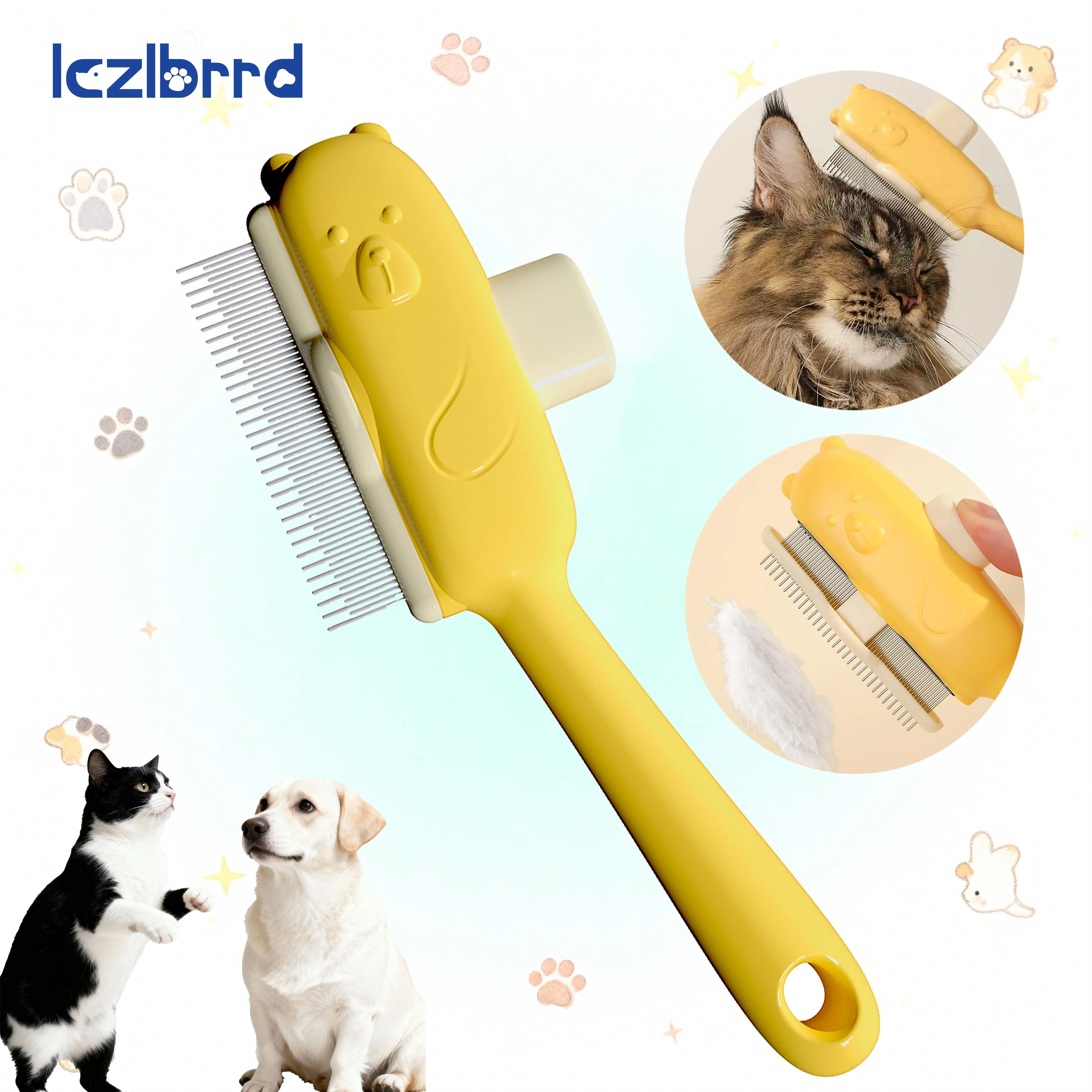 Lczlbrrd Pet Hair Comb for Dogs & Cats with Long & Short Stainless Steel Metal Teeth for Shedding and Tangles,Self-Cleaning Grooming Brush for Flea and Tick Prevention,Yellow long-haired pet per  brush