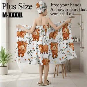 Plus Size M-XXXXL Cute Highland Cow & Daisy Print Bath Wrap Skirt & Hair Towel Set, Non-Slip Adjustable Shower Skirt for Bathroom, Spa, Farmhouse Themed Party, Holiday Gift