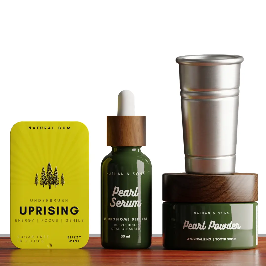 Jetsetter Bundle: Clean Energy & Oral Care Anywhere | Uprising Energy Gum, Pearl Powder, Pearl Serum, Rinse Cup Jetsetter Bundle: Clean Energy & Oral Care Anywhere | Uprising Energy Gum, Pearl Powder, Pearl Serum, Rinse Cup