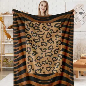Leopard Print Tiger Stripes Patchwork Flannel Throw Blanket Soft Warm Cozy Lightweight Blanket for Home Office Sofa Bed Travel Camping Gifts