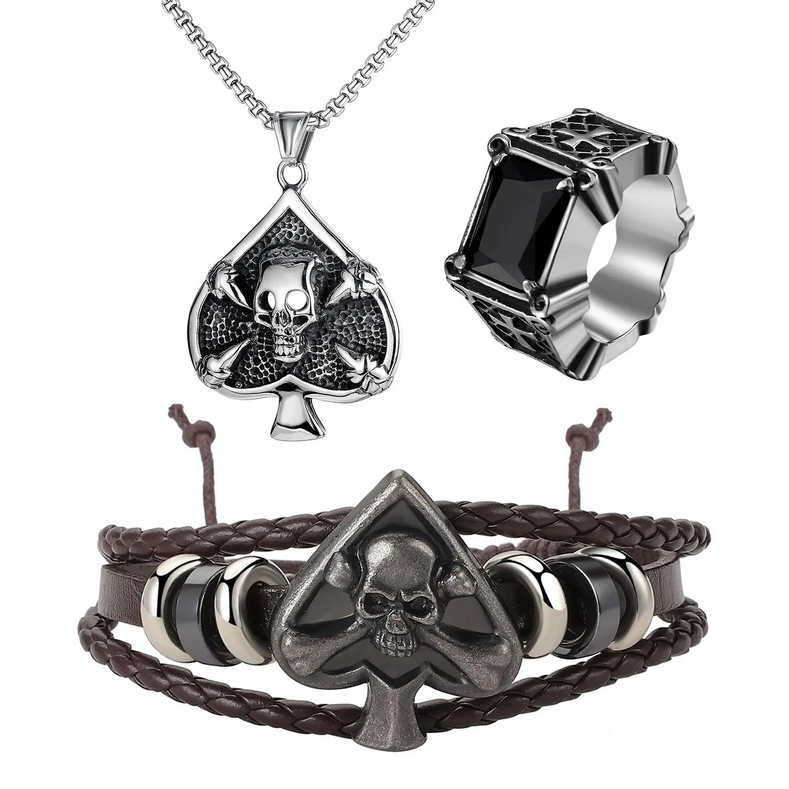 OIDEA Men's Gothic Skull Spade A Poker Necklace Bracelet and Cross Signet Ring Set, Hip Hop Stainless Steel Jewelry Bundle
