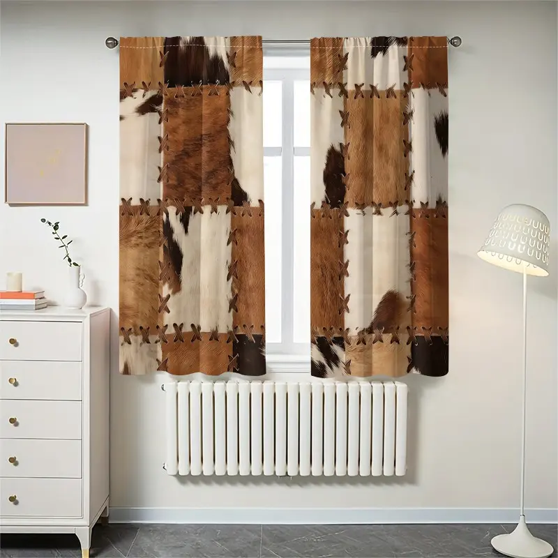 2 pieces are installed using pocket rod method. These are digital western-style split leather-print curtains. They are suitable for living room, closet, bedroom, study, dining room and home decoration.
