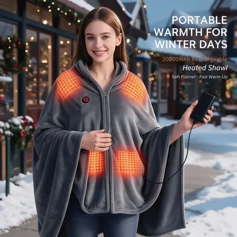 2026 Portable Heated Blanket Shawl with 7.4V 20,000mAh Power Bank, DC Round Connector, 15s Fast Heating, 3 Heat Levels, Auto-Off, 67" × 36" Electric Poncho, Double-Sided Flannel Fleece, Cordless Heated Throw for Home, Office, Travel, Camping & Winter Gift