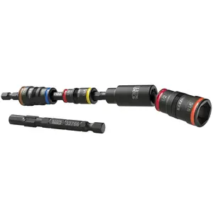 Klein Tools 32984 Impact Flip Socket Set with Swivel Adapter, 6-Piece, 25-Degree Swivel Head, SAE Hex Sizes, Nut Driving, Impact-Rated