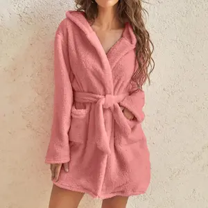 Women’s Fluffy Wool Robe – Super-Soft Pink Hooded Bathrobe with Belt and Pocket, Winter Sleepwear/Warm, Comfortable Home Wear After a Shower