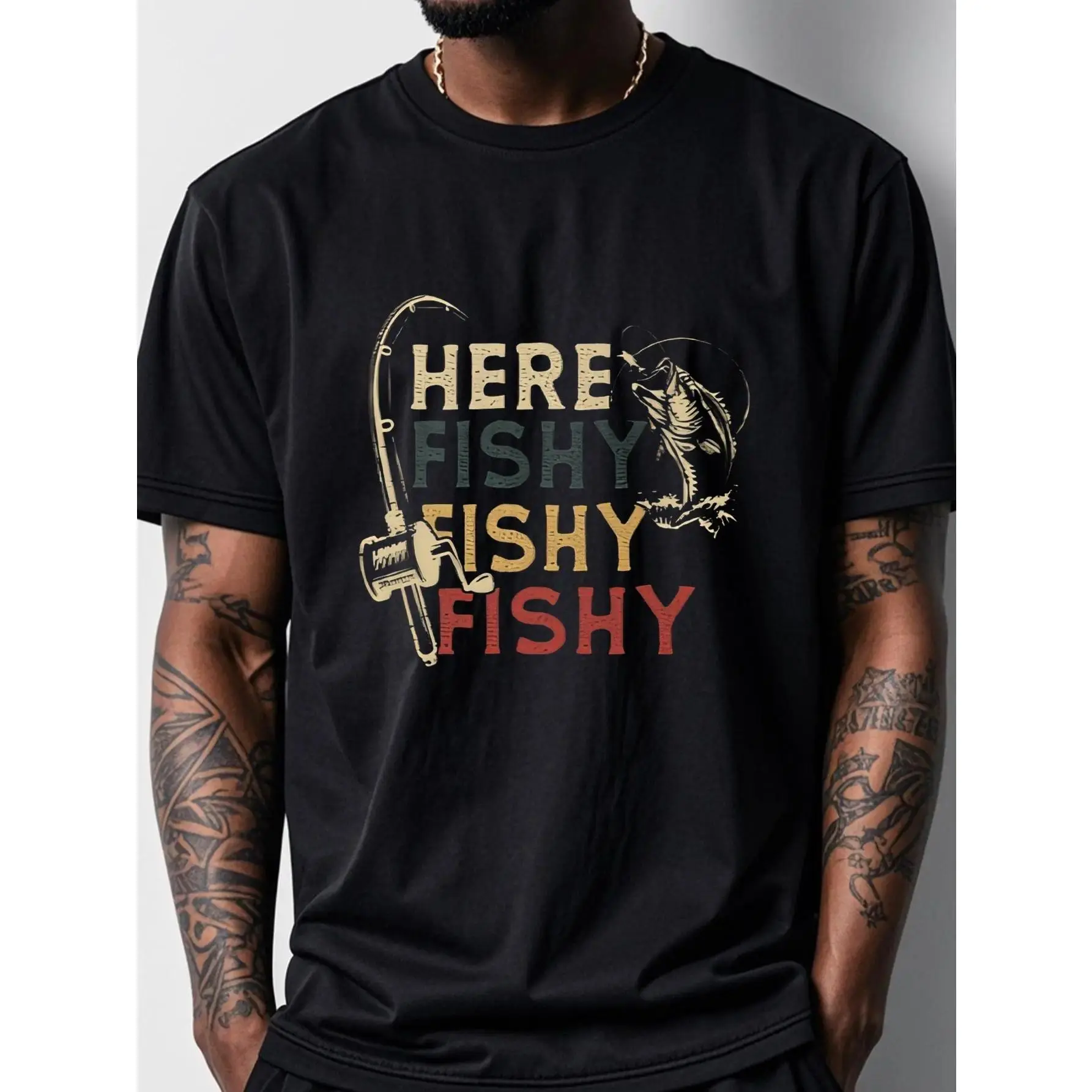 Here Fishy Fishy Funny Fishing T-Shirt, Retro Vintage Fisherman Graphic Tee for Men, Trendy Angler Humor Shirt, Casual Apparel, Perfect Gift for Fishing Lovers, Dad, Husband, Boyfriend, Daily Wear & Outdoor Fishing Trips