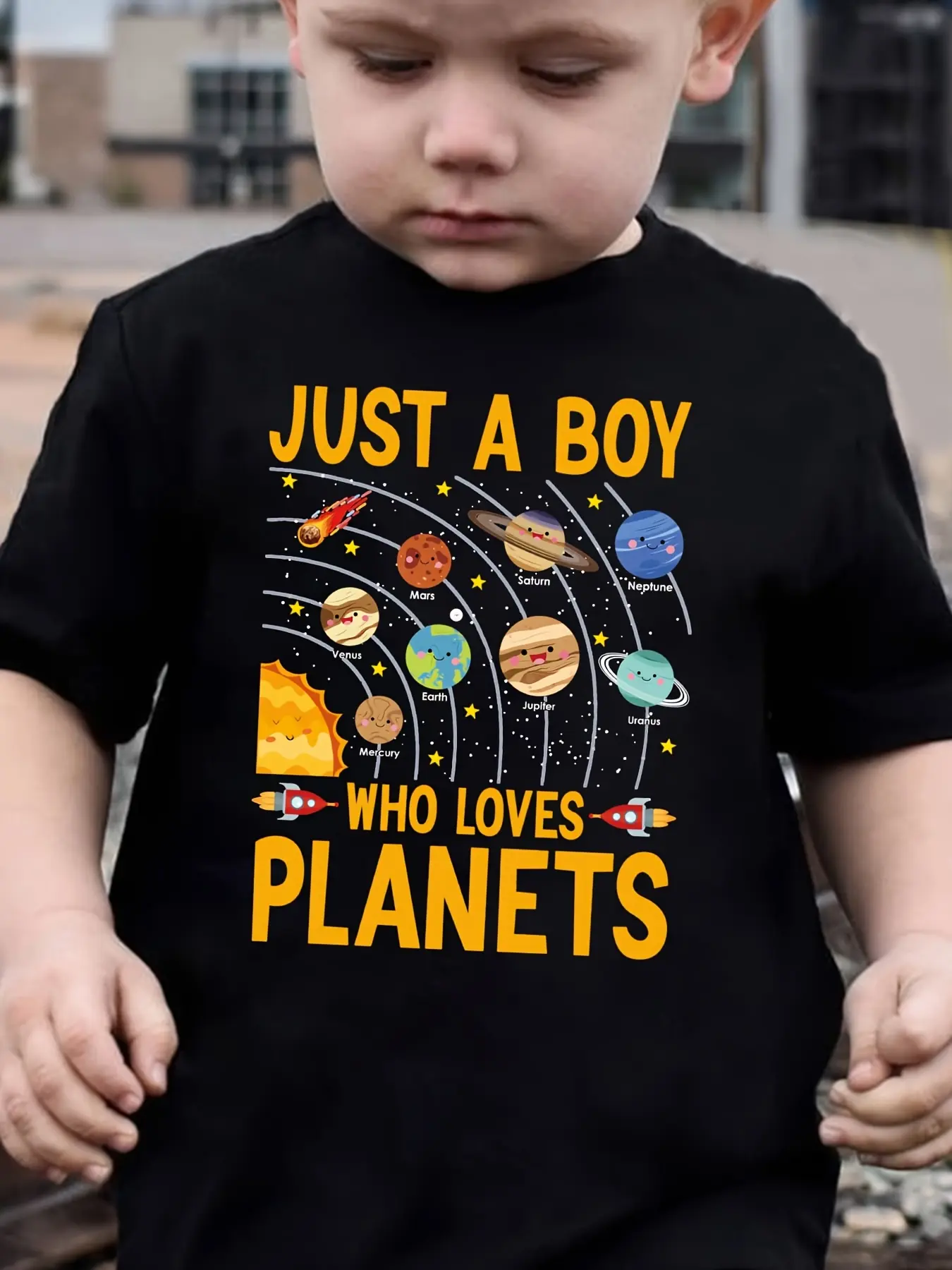 PUEMCO Kid-Friendly Boys' Cotton T-Shirt - Soft Short-Sleeve Character-Themed Graphic Top with Solar System Planets Slogan, Graphic Boys' T-Shirts, Kid-Friendly Boys' T-Shirts