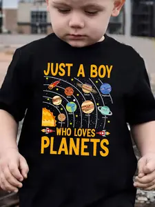 PUEMCO Boys' Solar System Planets Slogan Graphic T-Shirt - Kids' Soft Cotton Short-Sleeve Space-Themed Casual Top