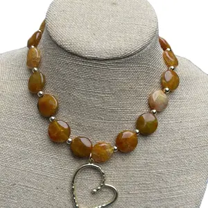 Elegant Amber Necklace with 14mm Disc Beads Gold Spacers & Large Heart Pendant for Women's Fashion