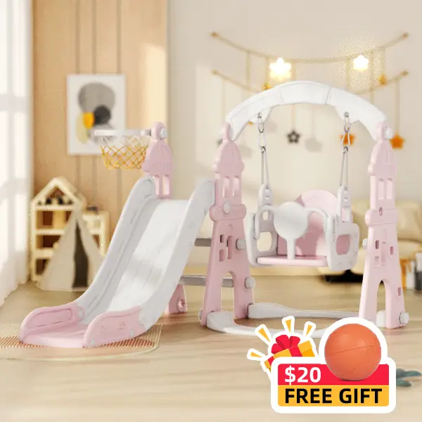 KORIMEFA 4-in-1 Kids Slide and Swing Set with Basketball Hoop Climbing Ladder Multifunctional Play Center for Active Fun Age 1+ Years Indoor Outdoor P