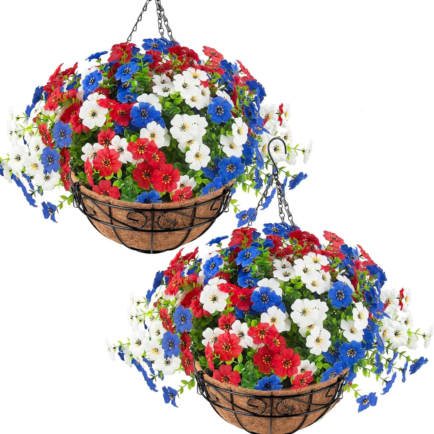 2 Set Artificial Outdoor Pansy Flowers with Hanging Baskets, 2 Hanging Baskets with 24 Pcs Silk Flowers for Spring Easter Decorations Porch Patio Home Decor Garden Ornaments Decorative Faux Flowers Artificial Hanging Plants