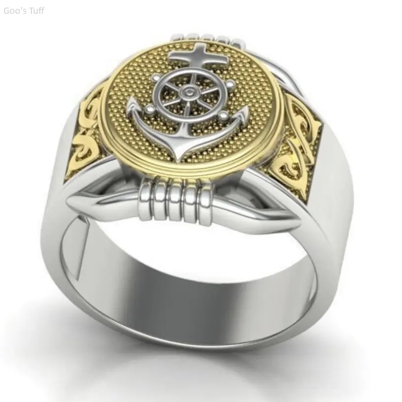 Men's Statement Ring with 2-Tone Anchor, Influencer-Approved Nautical Vibes Fashion Jewelry for Casual Streetwear, 2-Tone Spliced Anchor, Spliced Anchor