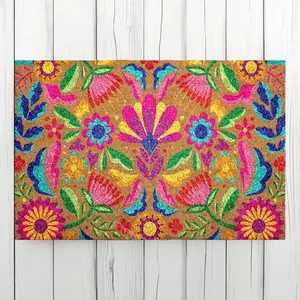 Vibrant Floral Coco Doormat, Vintage Flowers Door Mat, Colorful Entryway Welcome Mat, Bohemian Flowers Natural Coir Mat, Fiesta Floral Rug