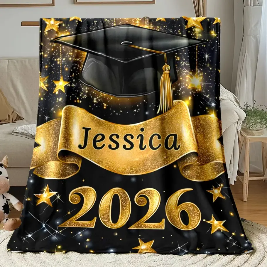 Class Of 2026 Graduation Gift Custom Name Printed Super Soft Flannel Blanket Soft Cozy Warm Lightweight Soft Funny Throw Blanket For Travel Camping Sofa Bed Office Kid Room Decor Personalized Present Men Gift