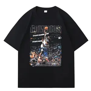 Women's Retro Anthony Edwards Basketball Dunk Print Short-Sleeve Top, Heavyweight Snow-Wash Cotton Fabric, Oversized Loose-Fit Round Neck, Breathable Soft Casual Hip Hop Streetwear for Daily & Party Use