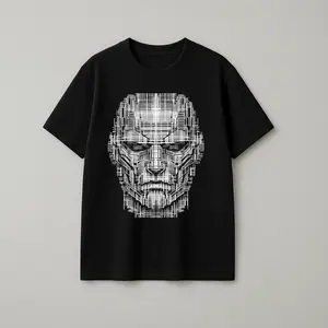 Cybernetic Face Minimalist Line Art T-Shirt - 100% Premium Cotton Heavyweight Tee, Futuristic Techwear Aesthetic, High-Quality Durable Streetwear Top
