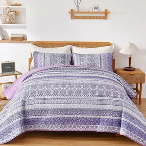 Boho Set Queen Size, Purple Bohemian 3 Pieces Sets, Lightweight Bedspread Coverlet Bedding Set for All Season (96"x90")