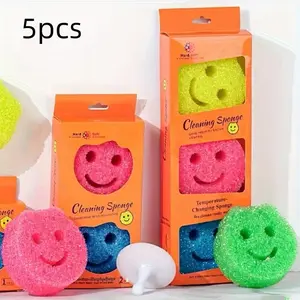 5-Piece Multi-Color Smiley Sponge Set, Home Multifunctional Cleaning Wipes, Durable Practical Household Essential Clean Tools