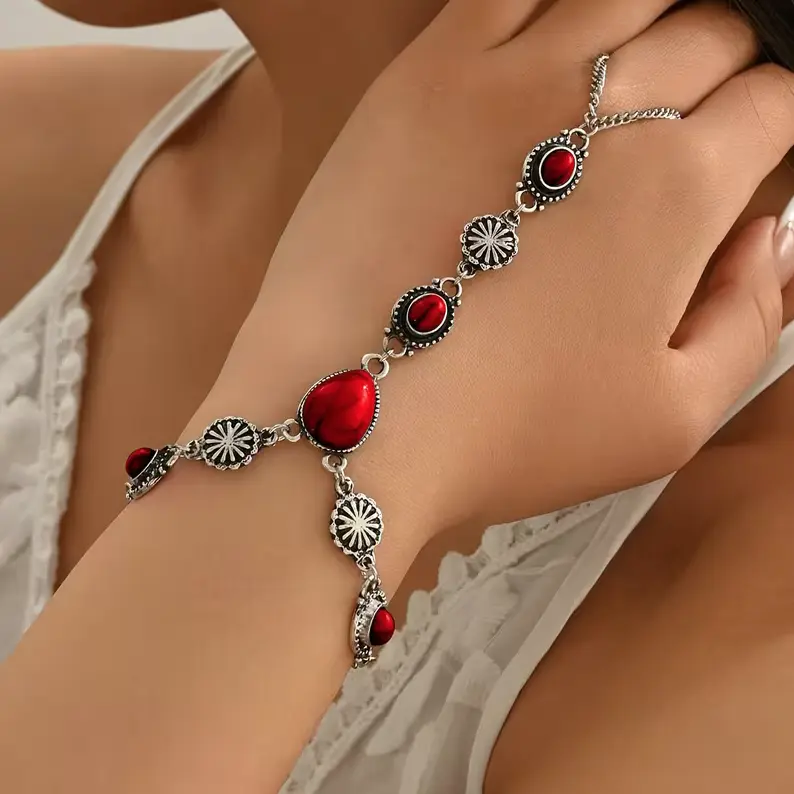 Women's Daily Bohemian Zinc Alloy Anklet - Red Imitation Turquoise, Imitation Jade Gemstone Accents, Metallic End, Classic Jade Bracelet Alternative, Anklets for Women