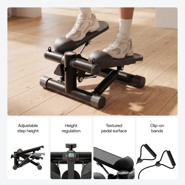 BetterMe Minimalist Unisex Mini Stair Stepper for Home, Under Desk Cardio Workouts - Compact Hydraulic System Machine, Resistance Bands, LCD Display, Steel Tube Frame