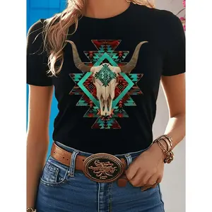 Women Western Cowboy Skull Graphic T shirt Casual Round Neck Short Sleeve Top Polyester Knit Fabric All Seasons Style