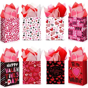 32 Pcs Valentines Day Goodie Bags Kraft Paper Gift Bags with Handle Tissue Paper,Appreciation Gift Wrapping for Friends Teacher Students Office Employee Coworker,Galentine's Day Birthday Wedding School Classroom Party Gift,Valentine Gift Exchane