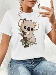 Women's Casual Crew Neck T-Shirt, Cute Koala Hugging Tree Print, Multiple Colors Available, Machine Washable, Spring & Summer Top, Soft Skin-Friendly, Daily Versatile, Fashion Design
